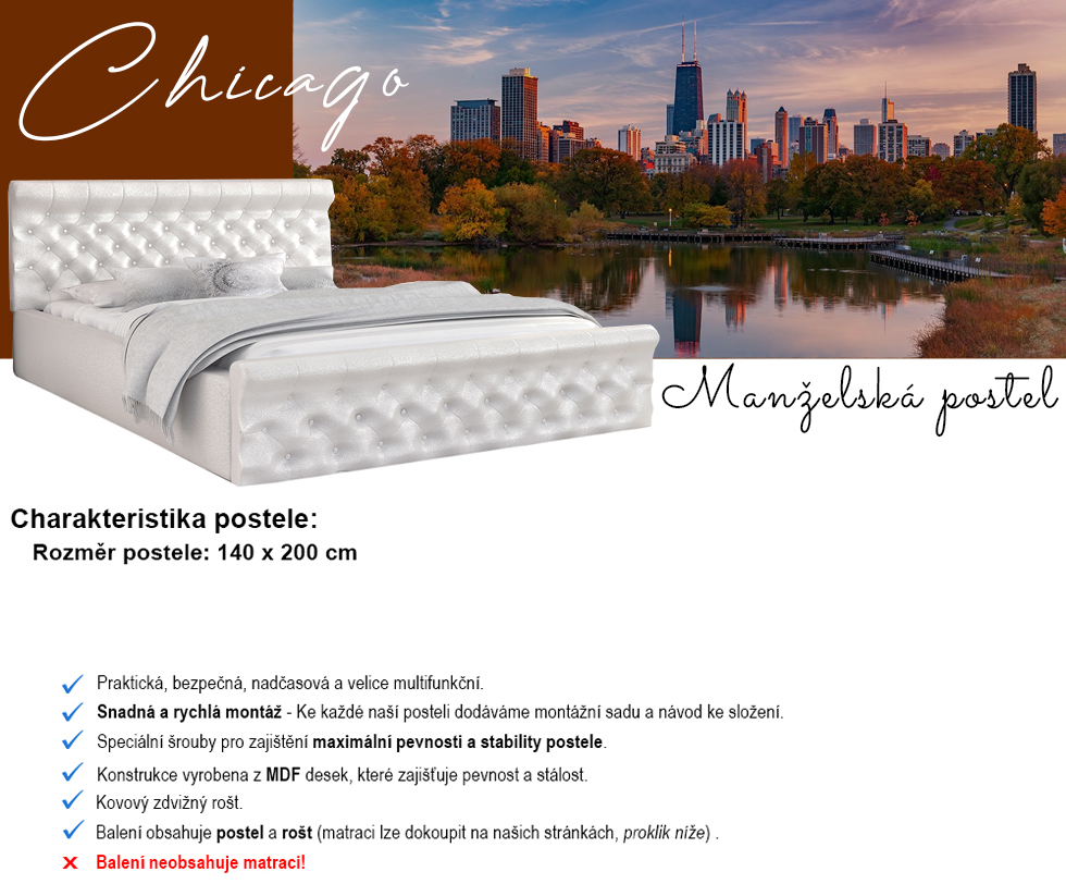 Luxusní postel CHICAGO EKO KŮŽE 140x200 s kovovým zdvižným roštem BÍLÁ