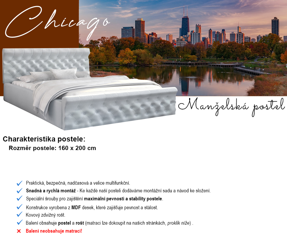 Luxusní postel CHICAGO EKO KŮŽE 160x200 s kovovým zdvižným roštem SVĚTLE ŠEDÁ
