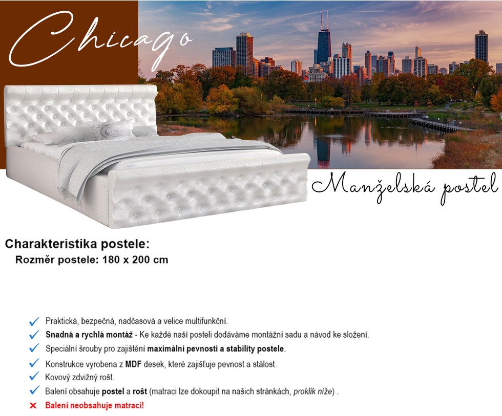 Luxusní postel CHICAGO EKO KŮŽE 180x200 s kovovým zdvižným roštem BÍLÁ