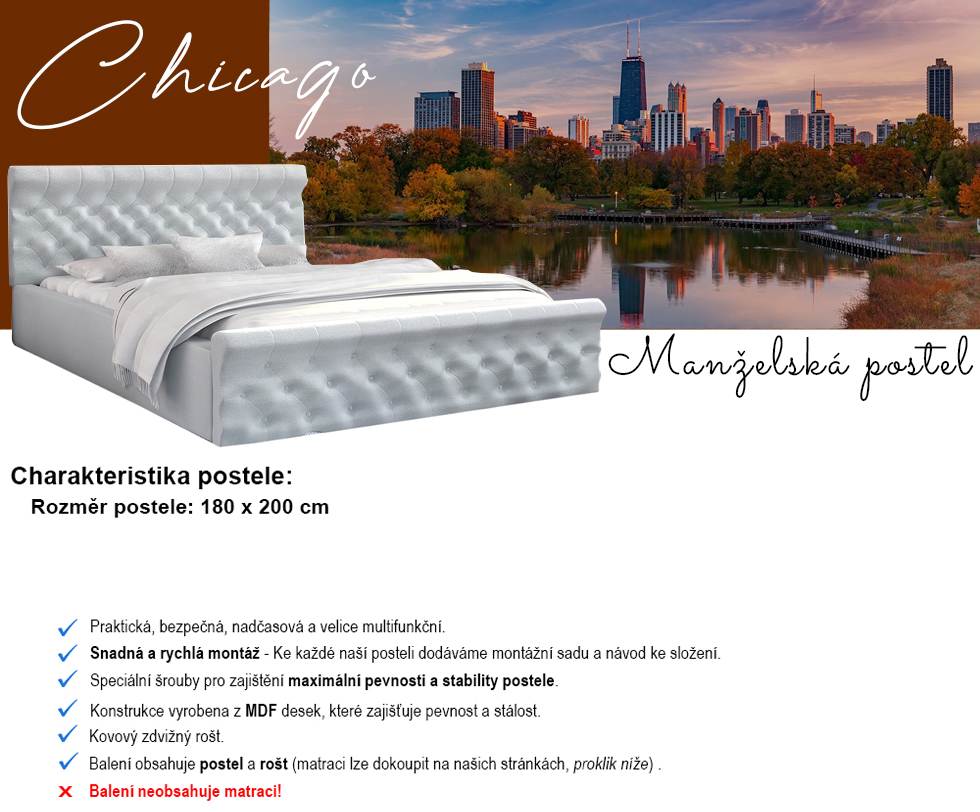 Luxusní postel CHICAGO EKO KŮŽE 180x200 s kovovým zdvižným roštem SVĚTLE ŠEDÁ