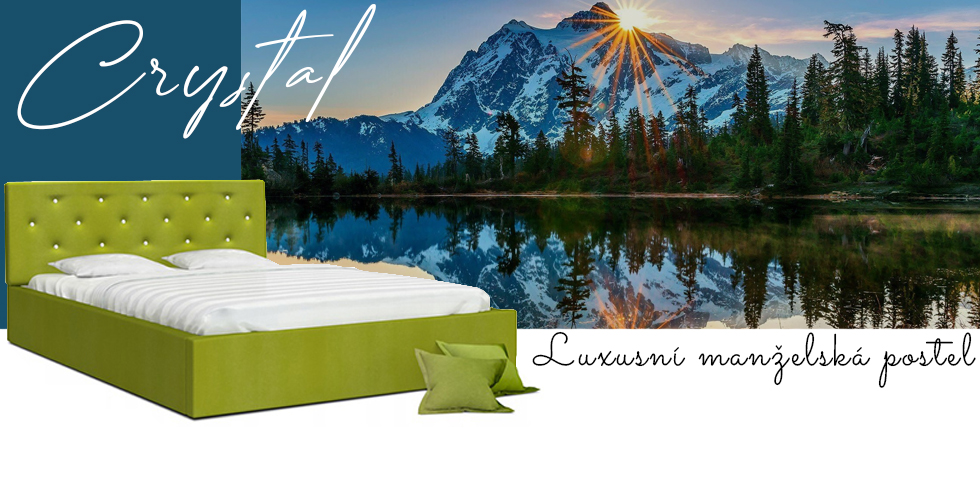 Luxusní manželská postel CRYSTAL zelená 180x200 s dřevěným roštem