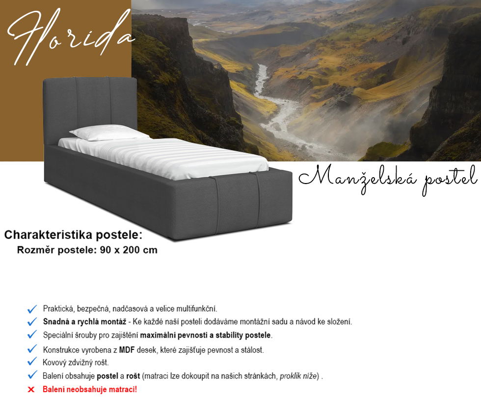 Luxusní postel FLORIDA 90x200 s kovovým zdvižným roštem GRAFIT