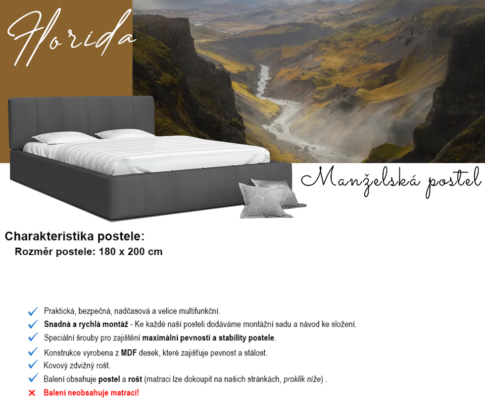 Luxusní postel FLORIDA 180x200 s kovovým zdvižným roštem GRAFIT