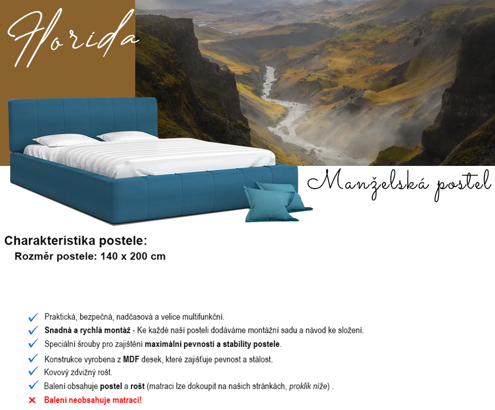 Luxusní postel FLORIDA 140x200 s kovovým zdvižným roštem TYRKYSOVÁ