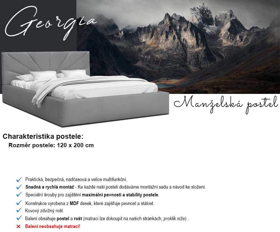 Luxusní postel GEORGIA 120x200 s kovovým zdvižným roštem ŠEDÁ