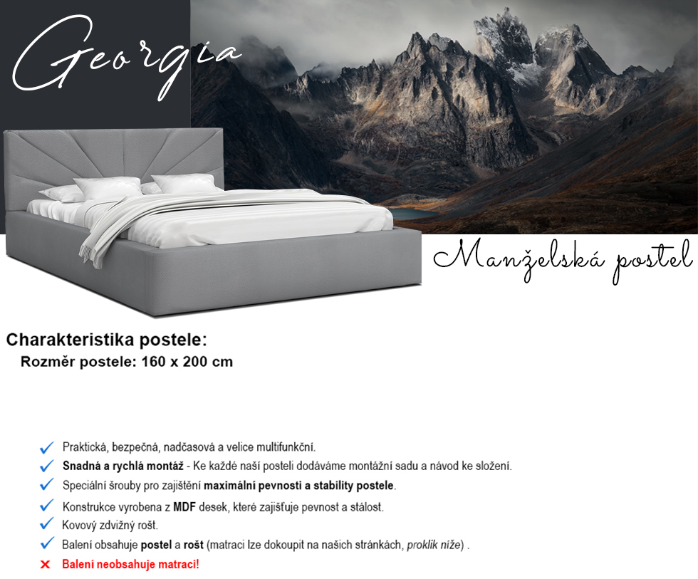 Luxusní postel GEORGIA 160x200 s kovovým zdvižným roštem ŠEDÁ