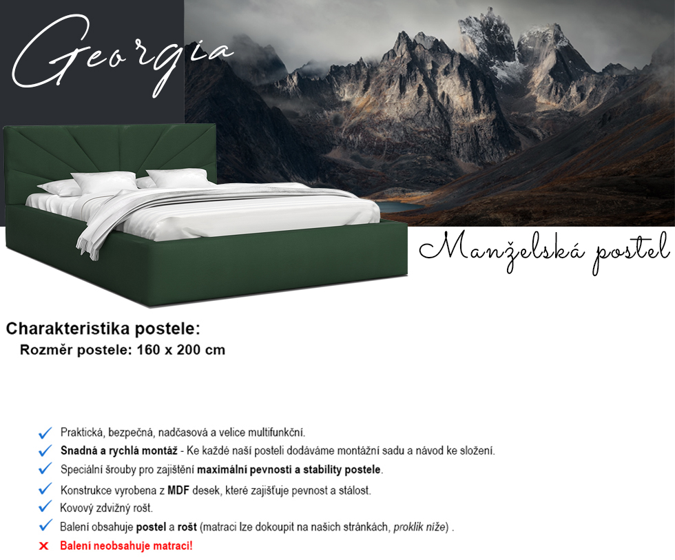 Luxusní postel GEORGIA 160x200 s kovovým zdvižným roštem ZELENÁ