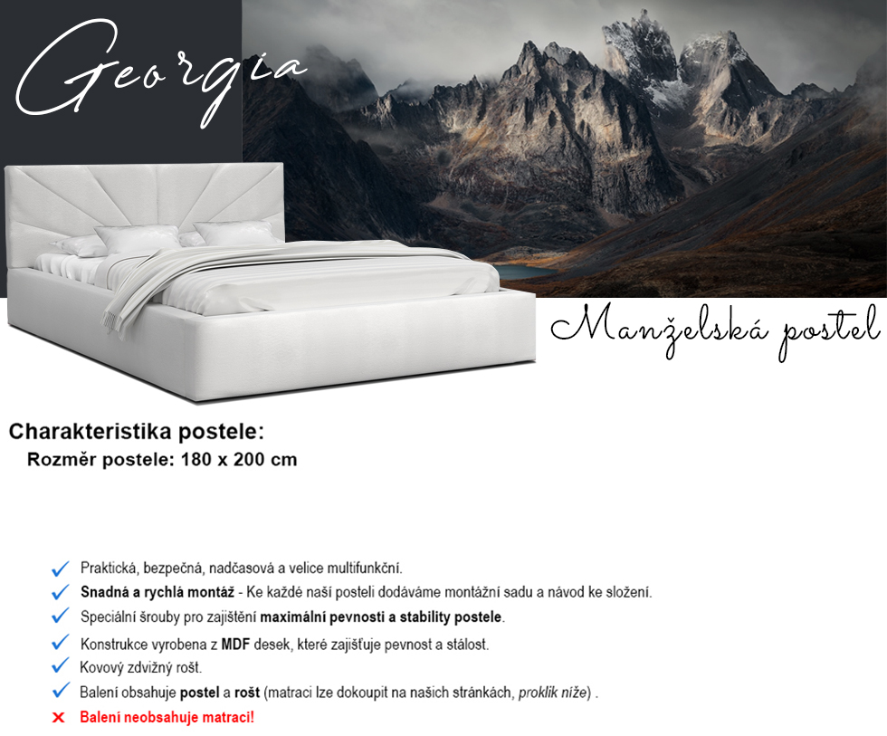 Luxusní postel GEORGIA 180x200 s kovovým zdvižným roštem BÍLÁ