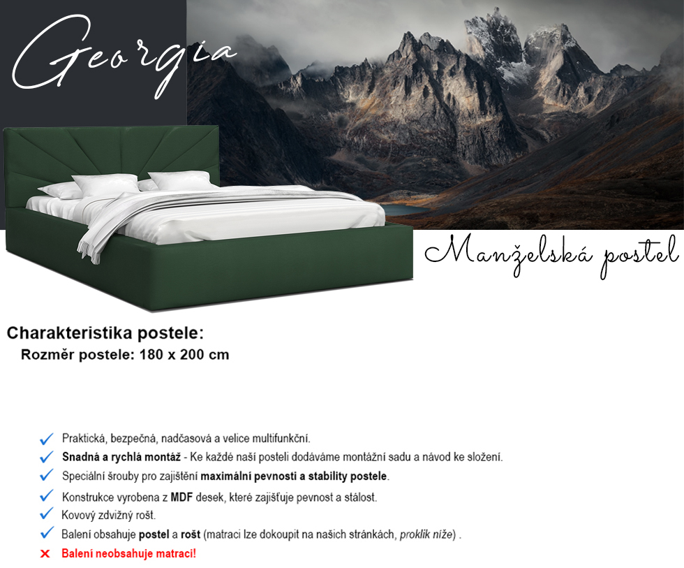 Luxusní postel GEORGIA 180x200 s kovovým zdvižným roštem ZELENÁ