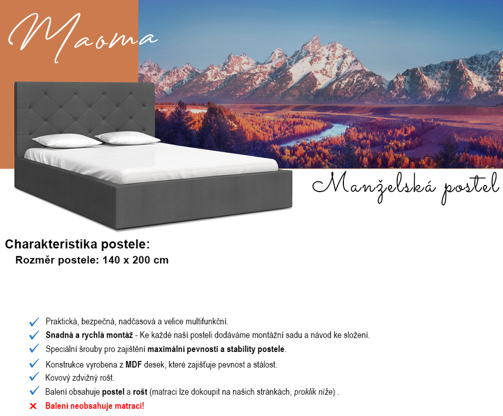 Luxusní postel MAOMA 140x200 s kovovým zdvižným roštem GRAFIT