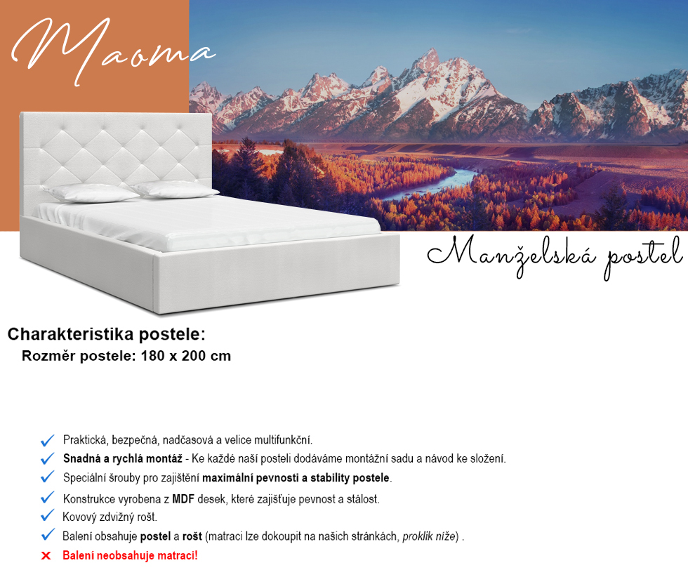 Luxusní postel MAOMA 180x200 s kovovým zdvižným roštem BÍLÁ