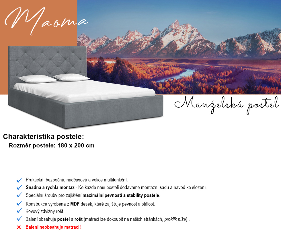 Luxusní postel MAOMA 180x200 s kovovým zdvižným roštem TMAVĚ ŠEDÁ