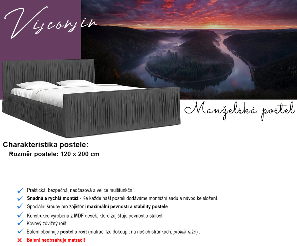 Luxusní postel VISCONSIN 120x200 s kovovým zdvižným roštem GRAFIT