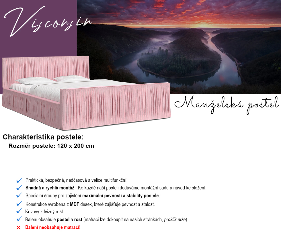 Luxusní postel VISCONSIN 120x200 s kovovým zdvižným roštem RŮŽOVÁ