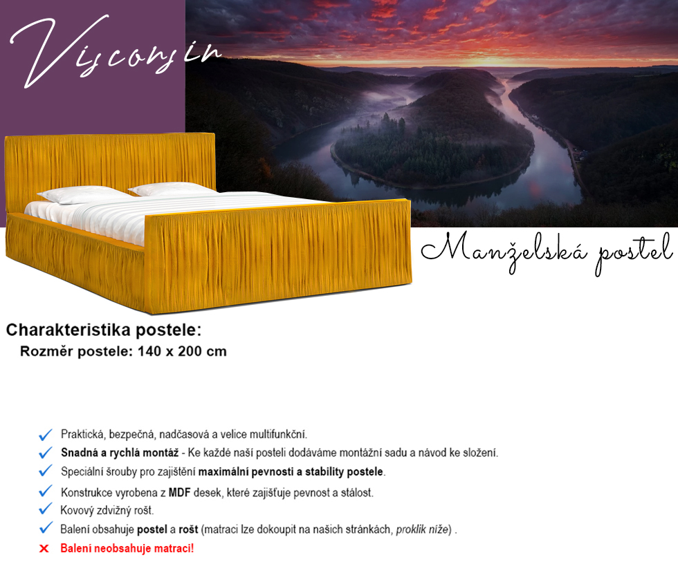 Luxusní postel VISCONSIN 140x200 s kovovým zdvižným roštem ORANŽOVÁ