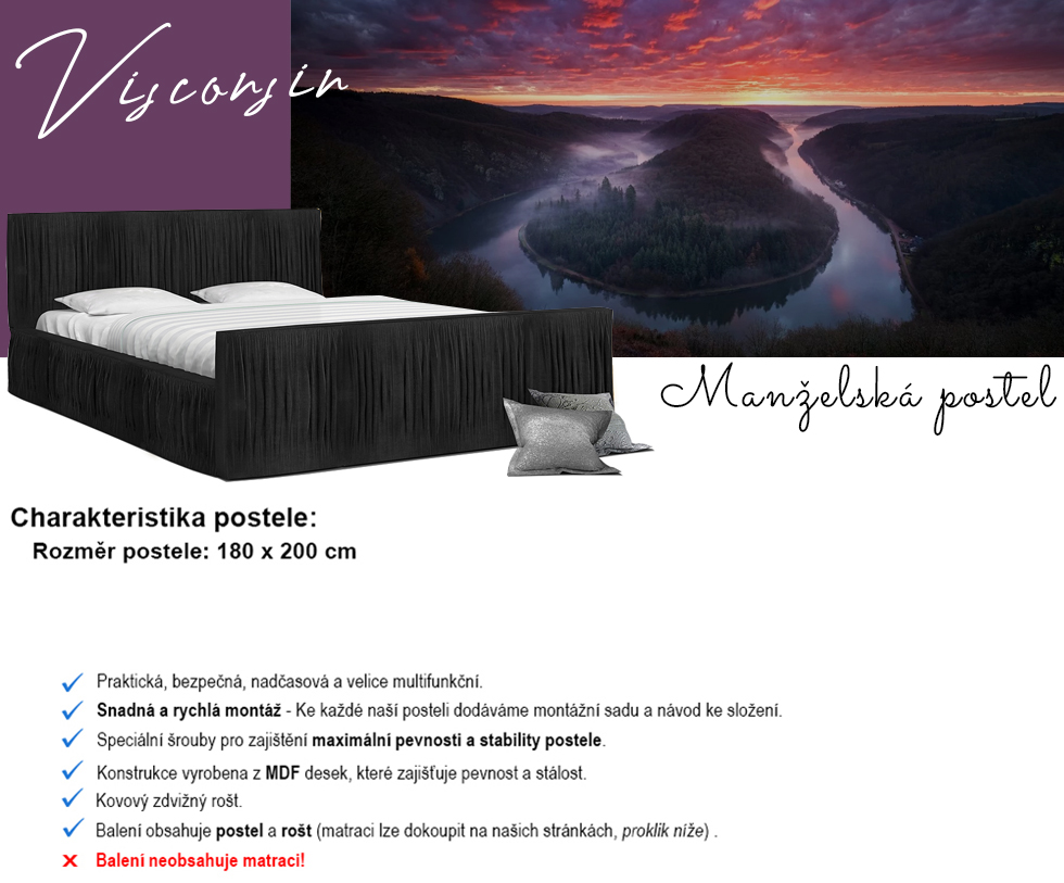 Luxusní postel VISCONSIN 180x200 s kovovým zdvižným roštem ČERNÁ