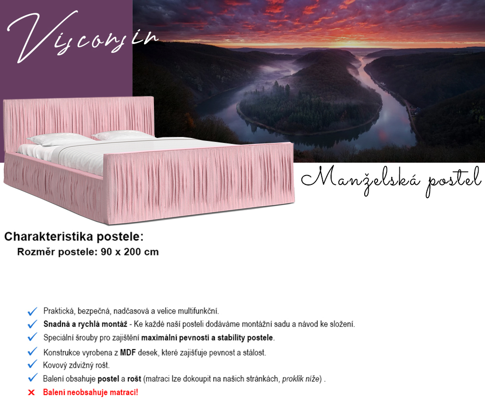 Luxusní postel VISCONSIN 90x200 s kovovým zdvižným roštem RŮŽOVÁ