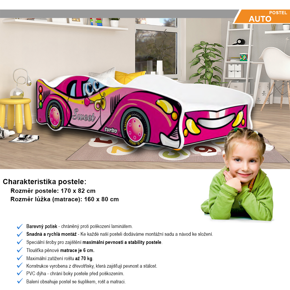 Dětská postel AUTO 160x80 růžová