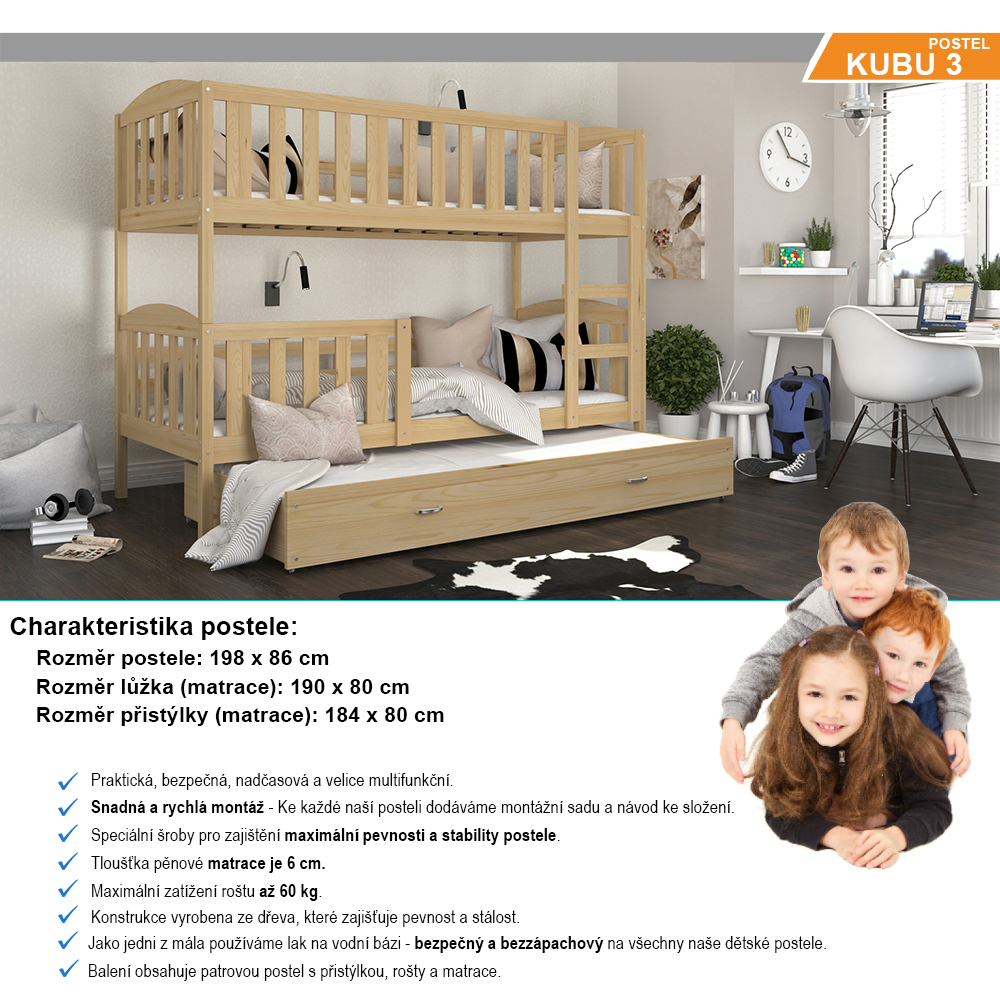 Dětská patrová postel KUBU 3 190x80 cm BOROVICE