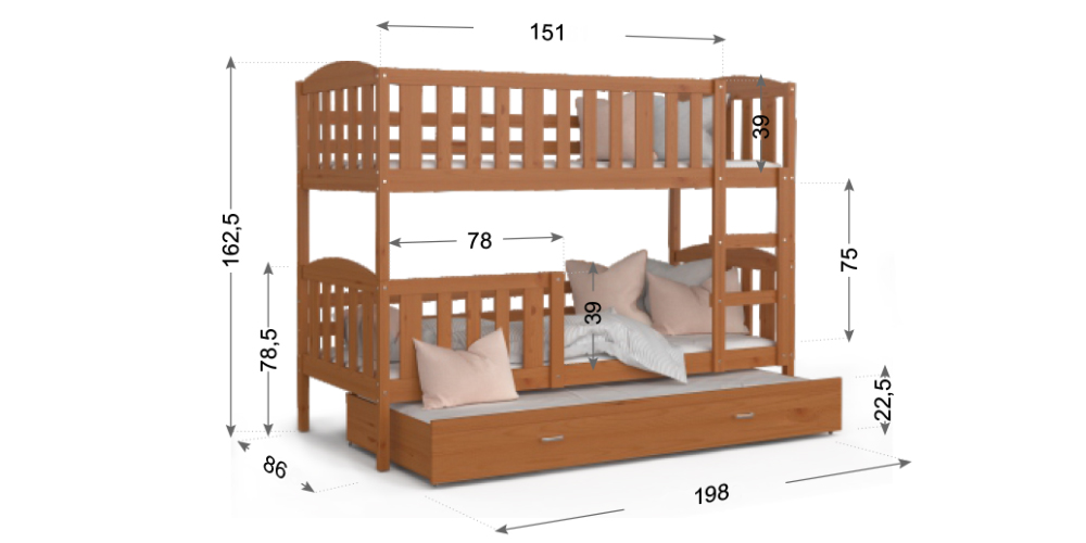 Detská poschodová posteľ KUBU 3 190x80cm SIVÁ-RUŽOVÁ