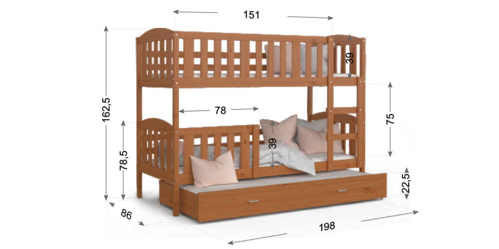 Dětská patrová postel KUBU 3 190x80 cm BOROVICE