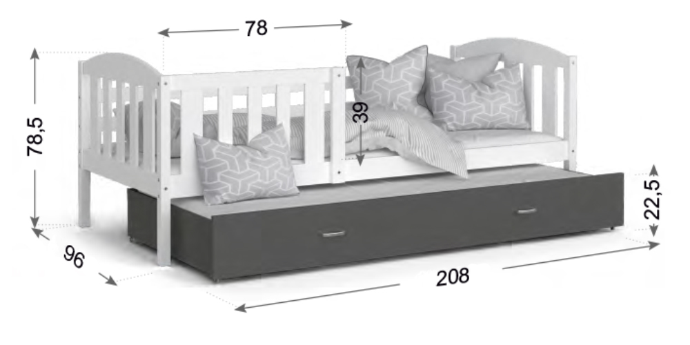 Detská posteľ KUBU P2 200x90 cm SIVÁ-BIELA
