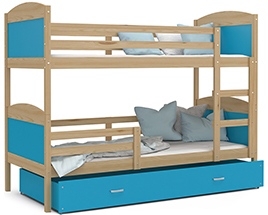 Dětská patrová postel MATYAS 3 80x190 cm s borovicou konstrukcí v modré barvě s přistýlkou