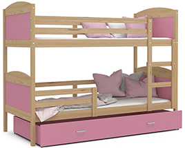 Dětská patrová postel MATYAS 3 90x200cm s borovic. konstrukcí v růžové barvě s přistýlkou