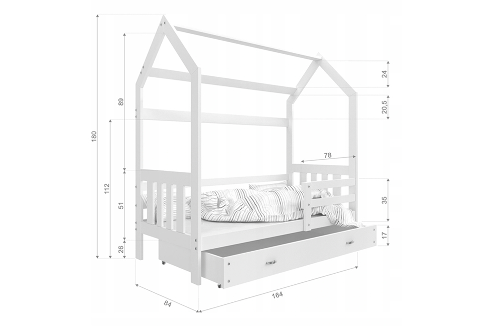 Dětská dřevěná postel Domeček 2 160x80 cm bílá-bílá