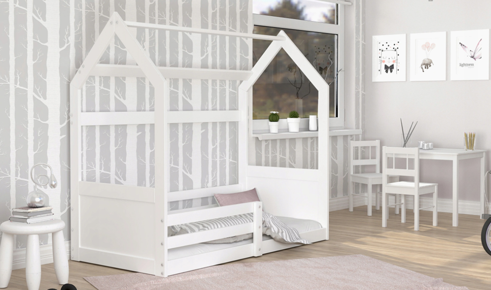 Dětská postel DOMEK MIKI 80x160 cm v bílé barvě se zabranama