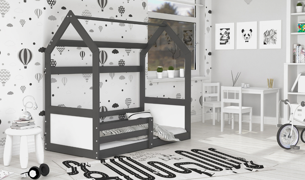 Dětská postel DOMEK MIKI 80x160 cm v šedé barvě se zábranama