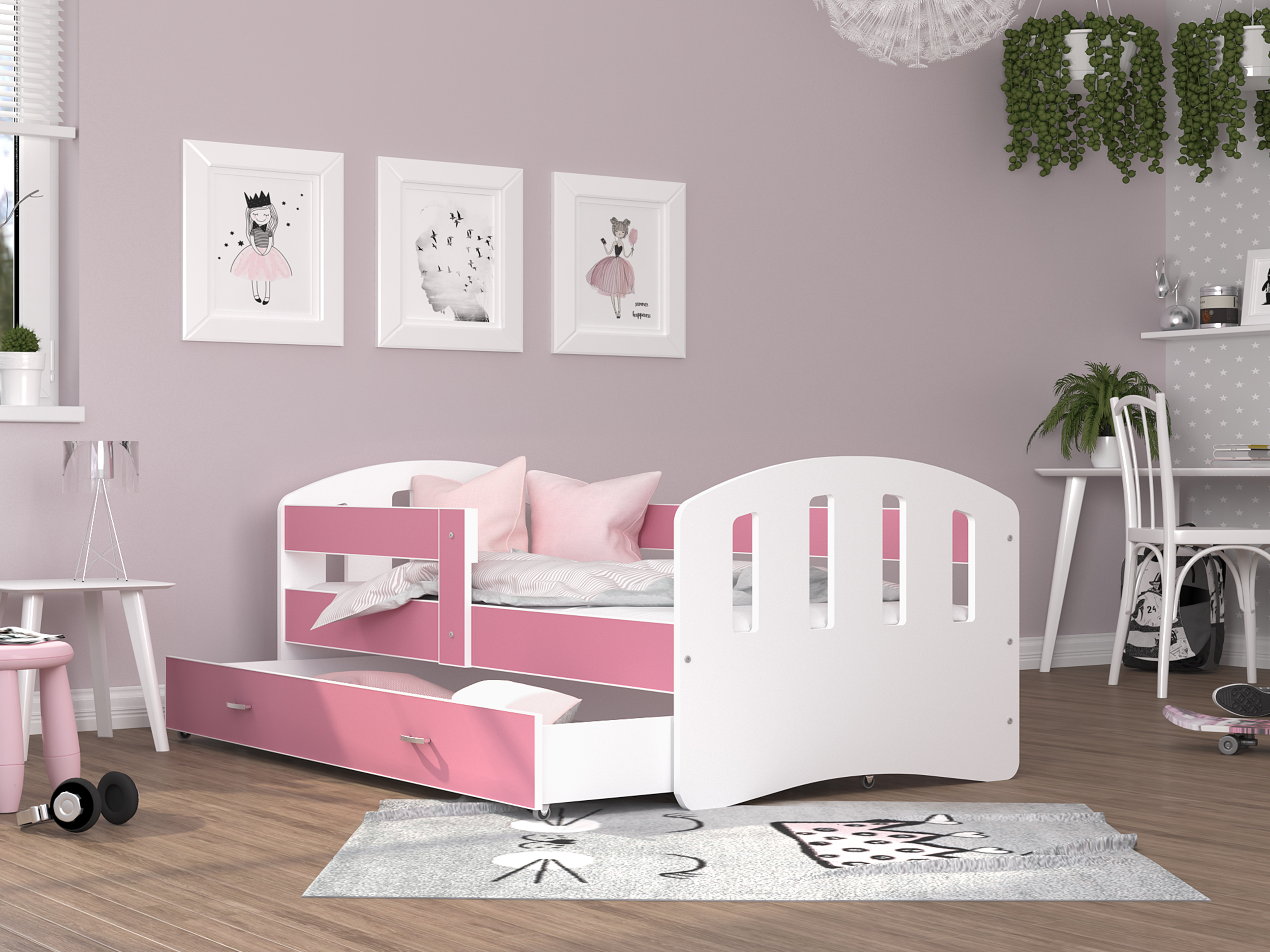 Dětská postel HAPPY 140x80 barevná RŮŽOVÁ-BÍLÁ