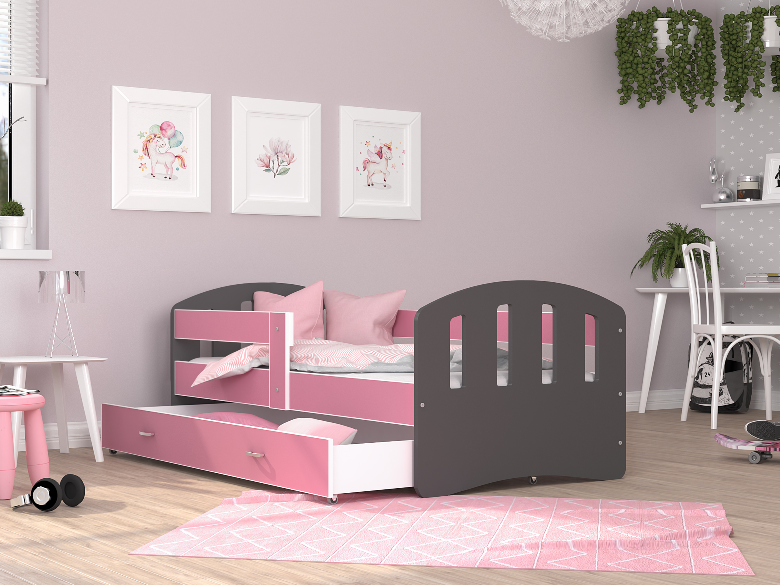Dětská postel HAPPY 140x80 barevná RŮŽOVÁ-ŠEDÁ