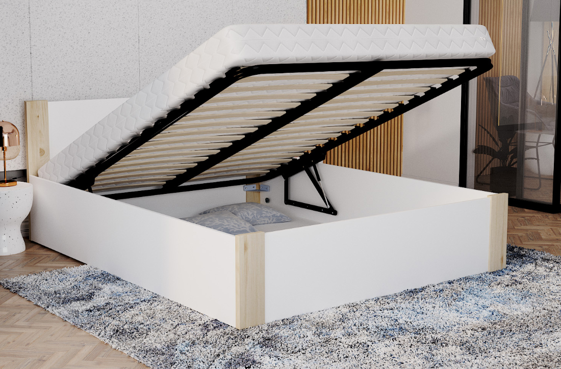Manželská postel 180x200 cm se zdvižným roštem BOSTON BÍLÁ - BOROVICE
