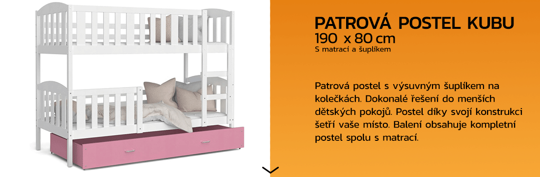 Detská poschodová posteľ KUBU 190x80cm BIELA-RUŽOVÁ
