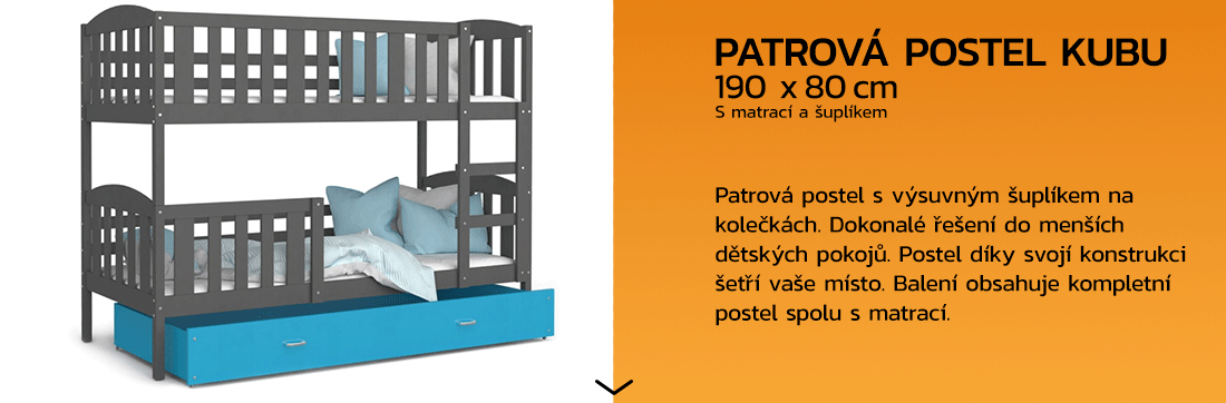 Detská poschodová posteľ KUBU 190x80cm SIVÁ-MODRÁ