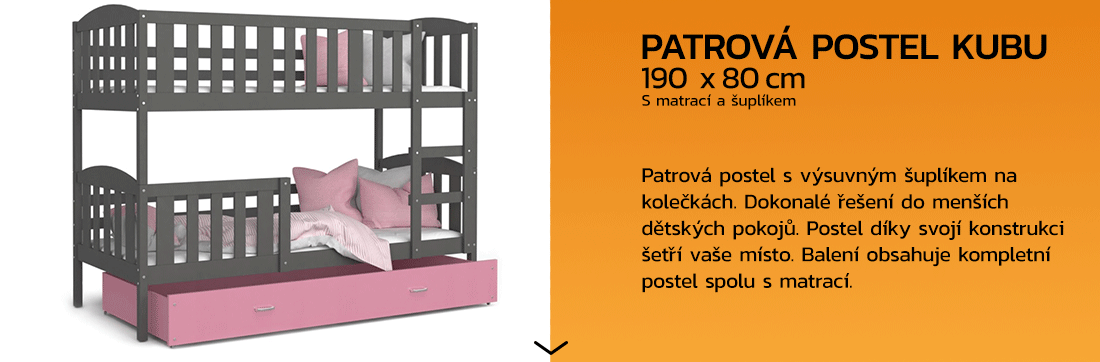Detská poschodová posteľ KUBU 190x80cm SIVÁ-RUŽOVÁ