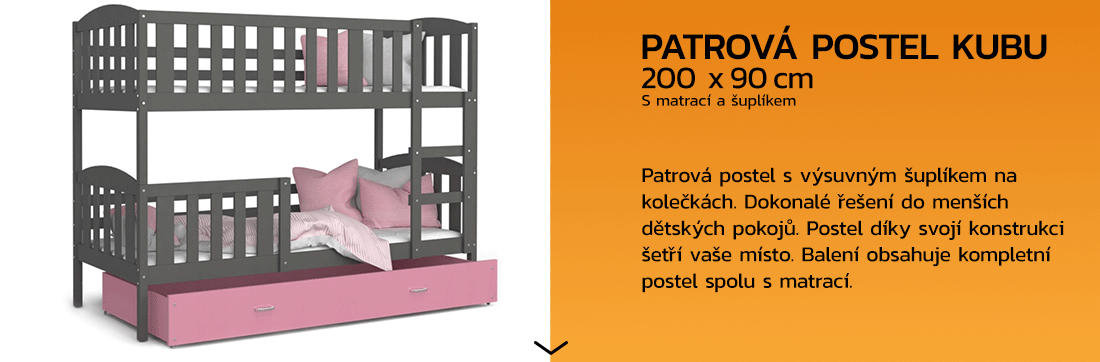 Detská poschodová posteľ KUBU 200x90cm SIVÁ-RUŽOVÁ