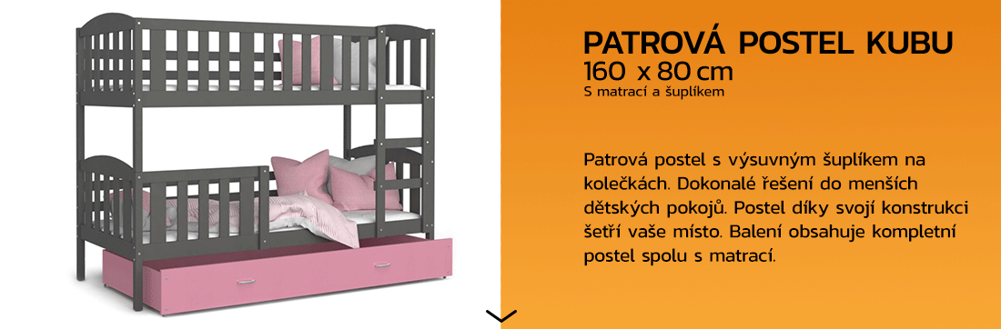Detská poschodová posteľ KUBU 160x80cm SIVÁ-RUŽOVÁ