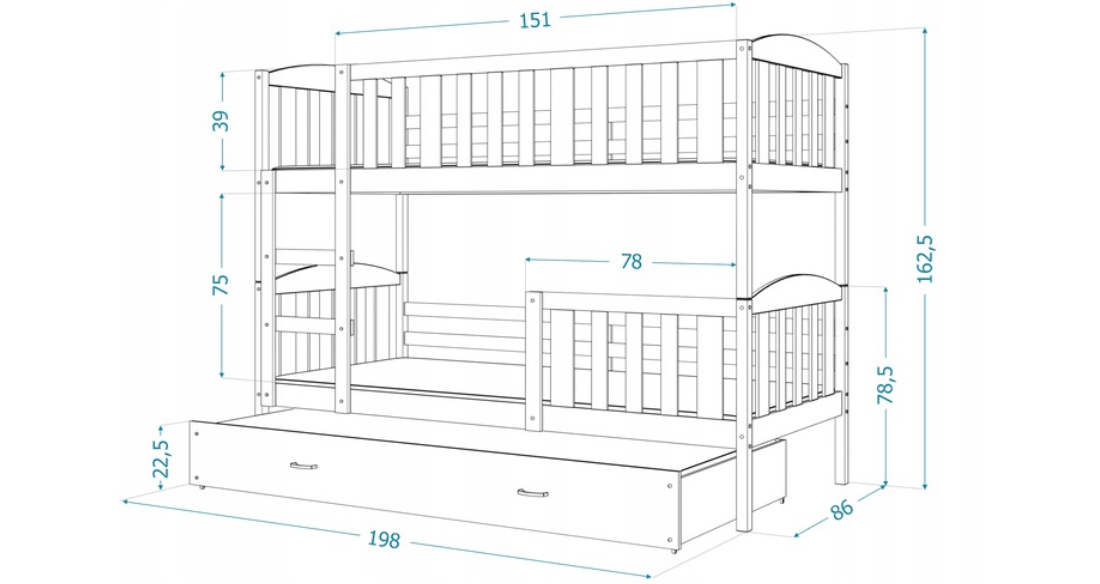 Dětská patrová postel KUBU 190x80 cm BÍLÁ BÍLÁ