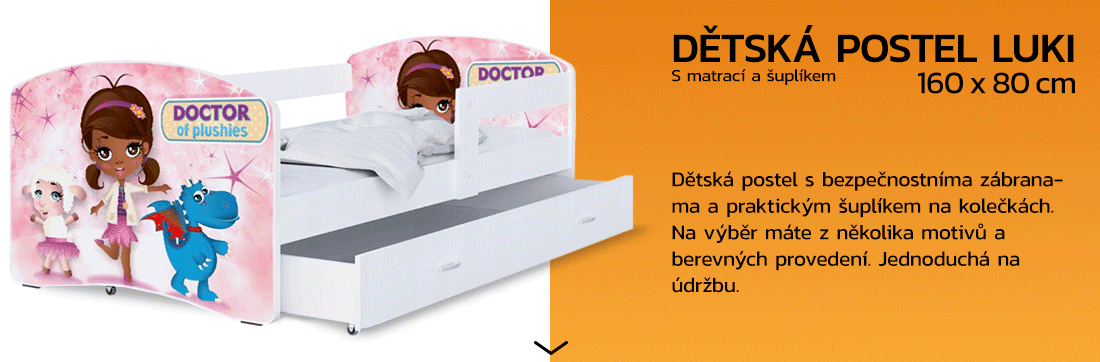 Dětská postel LUKI se šuplíkem BÍLÁ 160x80 vzor MALÁ DOKTORKA