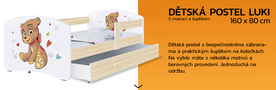 Dětská postel LUKI se šuplíkem DUB SONOMA 160x80 vzor MEDVÍDEK