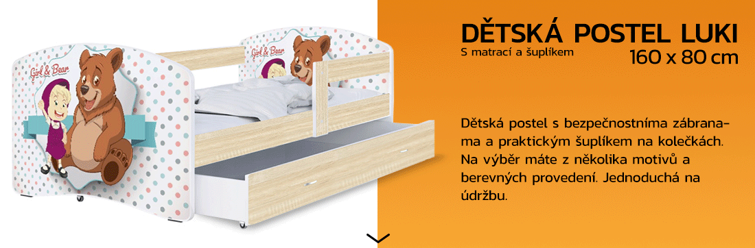 Dětská postel LUKI se šuplíkem DUB SONOMA 160x80 vzor MÉĎA
