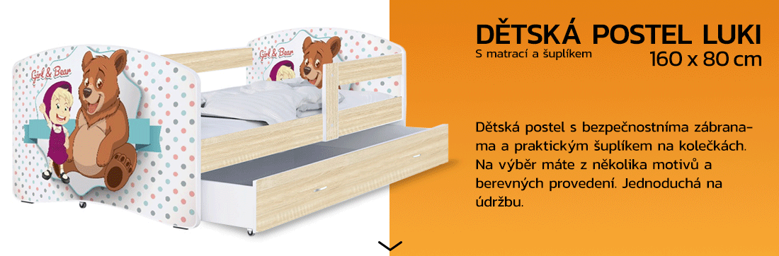 Detská posteľ LUKI so šuplíkom DUB SONOMA 160x80 vzor MÉĎA