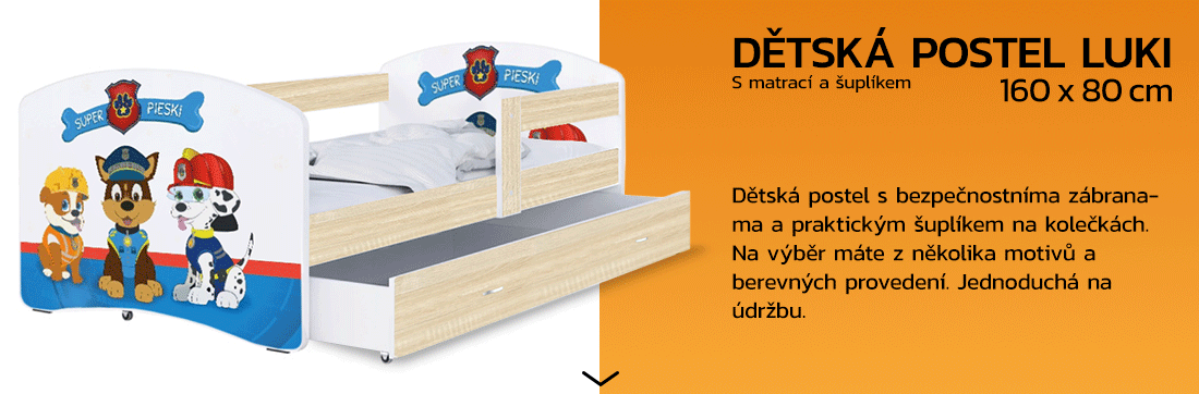 Detská posteľ LUKI so šuplíkom DUB SONOMA 160x80 vzor SUPER PSI