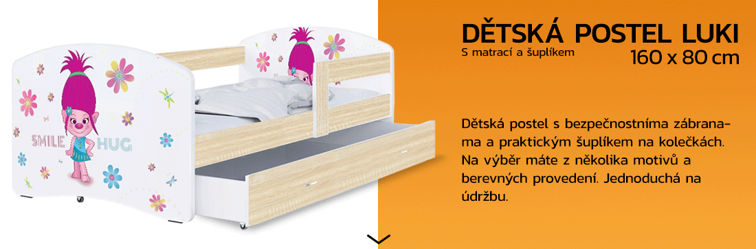 Detská posteľ LUKI so šuplíkom DUB SONOMA 160x80 vzor SMILE HUG