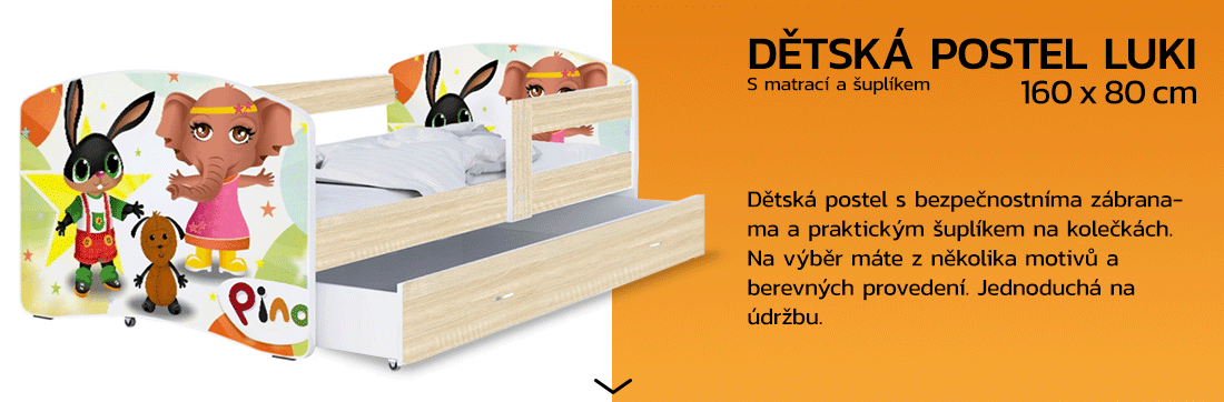 Detská posteľ LUKI so šuplíkom DUB SONOMA 160x80 vzor ZVIERATKA