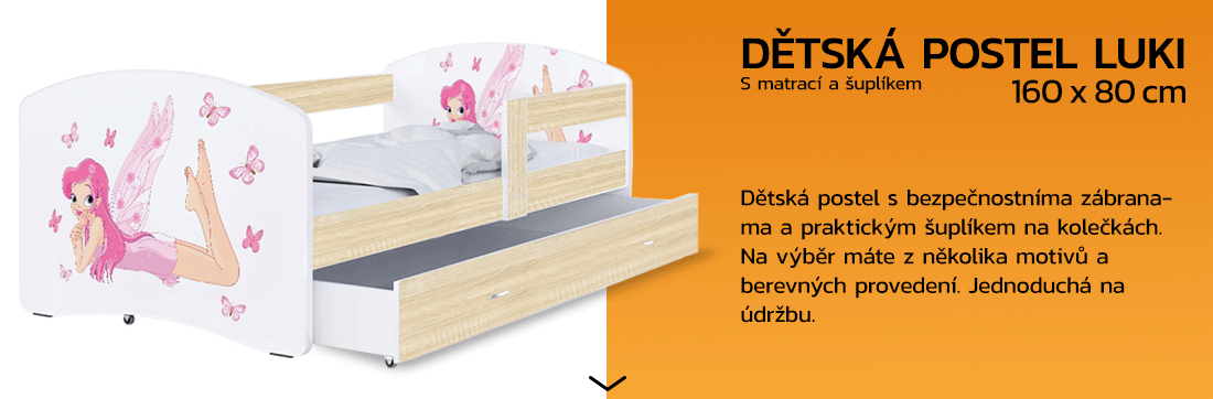 Dětská postel LUKI se šuplíkem DUB SONOMA 160x80 vzor VÍLA