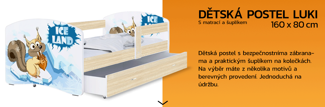 Dětská postel LUKI se šuplíkem SONOMA 160x80cm vzor DOBA LEDOVÁ 51L