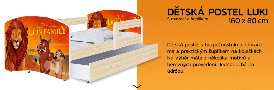 Dětská postel LUKI se šuplíkem DUB SONOMA 160x80 vzor LVÍ RODINA